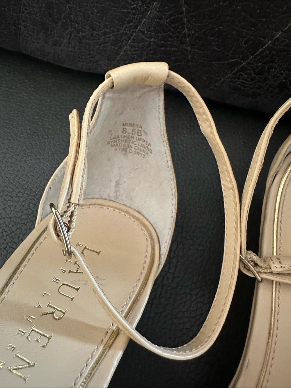 Lauren Ralph Lauren Mireya beige leather knot ankle strap wedge sandals. - Picture 5 of 9